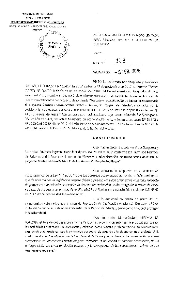 Res. Ex. N° 438-2018 Rescate y relocalización de fauna íctica, VII Región.