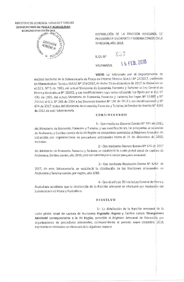 Res. Ex. N° 637-2018 Distribución de la fracción artesanal de pesquerías de Anchoveta y Sardina común en la VII región, año 2018. (Publicado en Página Web 16-02-2018) (F.D.O. 24-02-2018)
