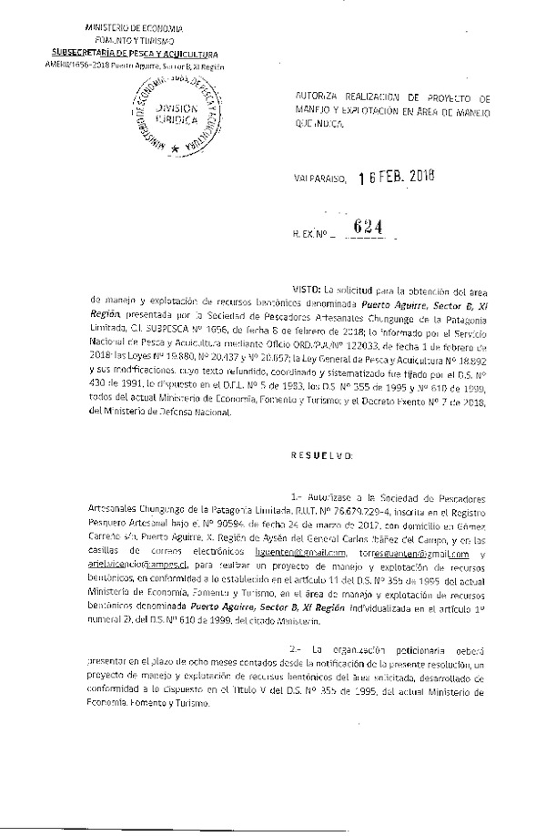 Res. Ex. N° 624-2018 Autoriza realización de proyecto de manejo y explotación en Área de Manejo que indica.