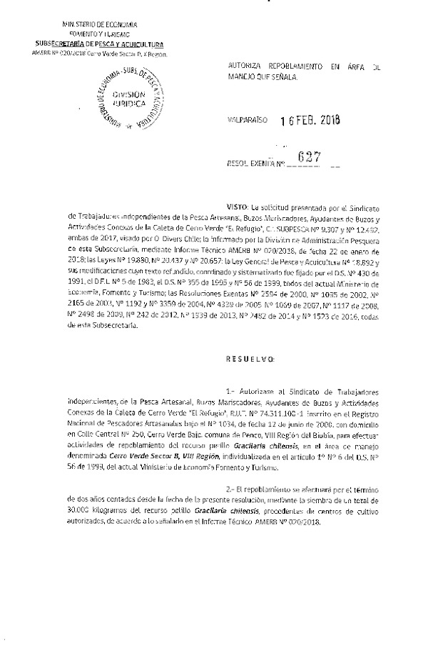 Res. Ex. N° 627-2018 Autoriza repoblamiento en Área de Manejo que señala.