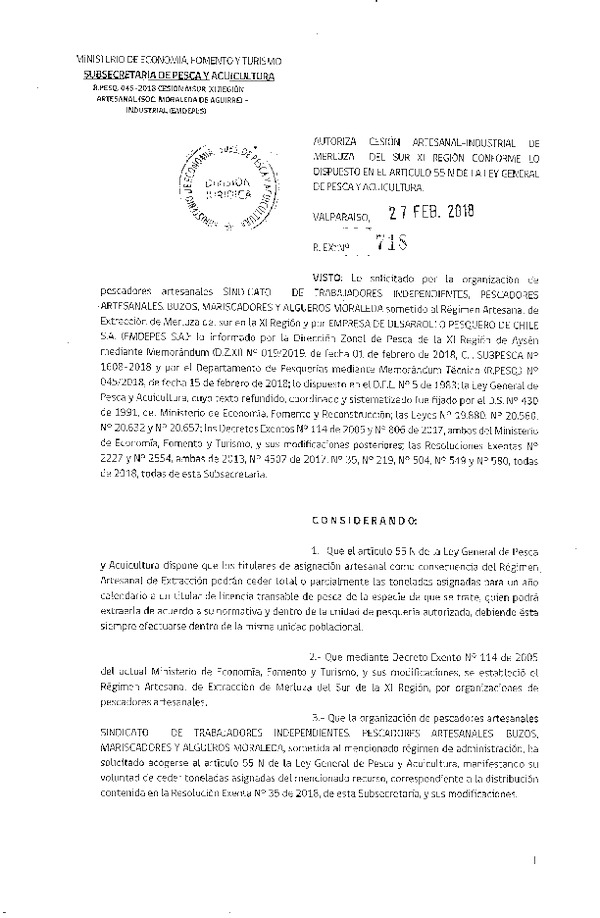 Res. Ex. N° 718-2018 Cesión Merluza del sur XI Región.