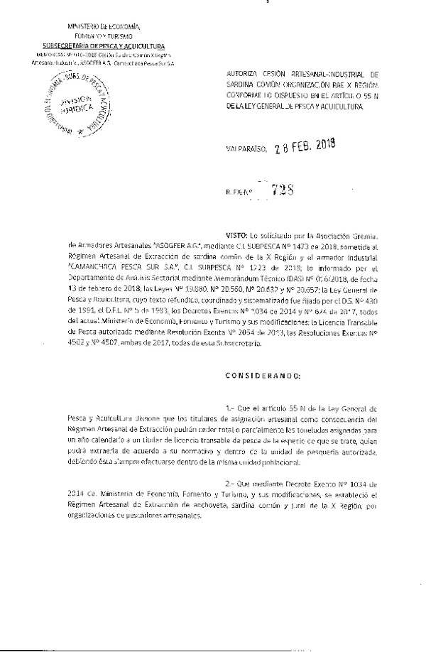 Res. Ex. N° 728-2018 Cesión Sardina común X Región.