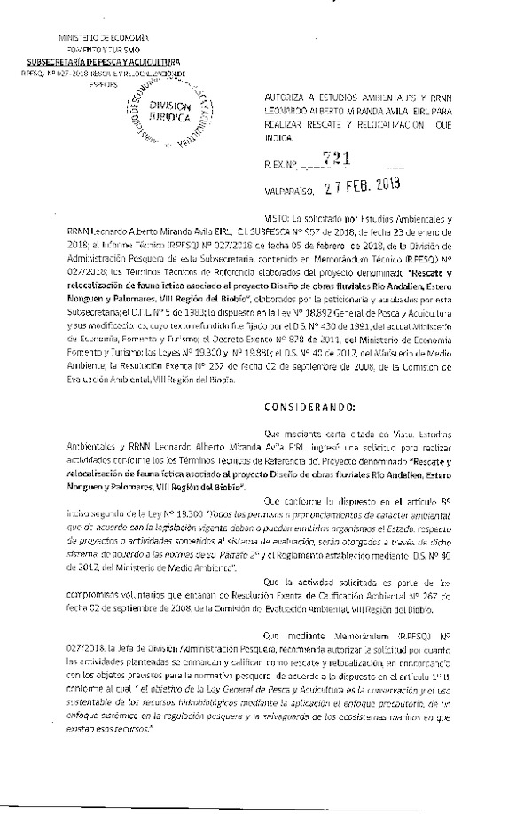 Res. Ex. N° 721-2018 Rescate y relocalización de fauna íctica, VIII Región.