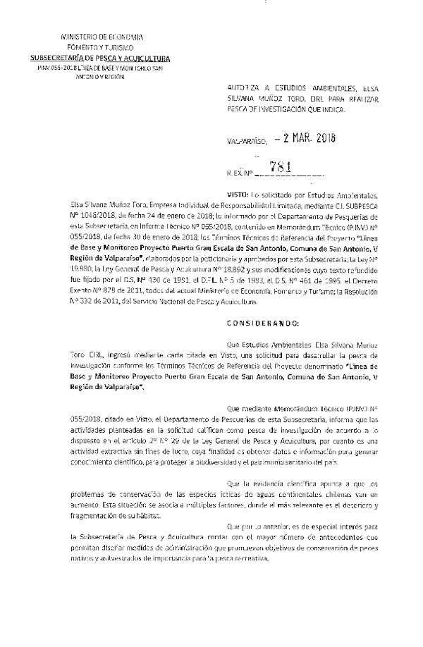 Res. Ex. N° 781-2018 Línea de base y monitoreo, V Región.