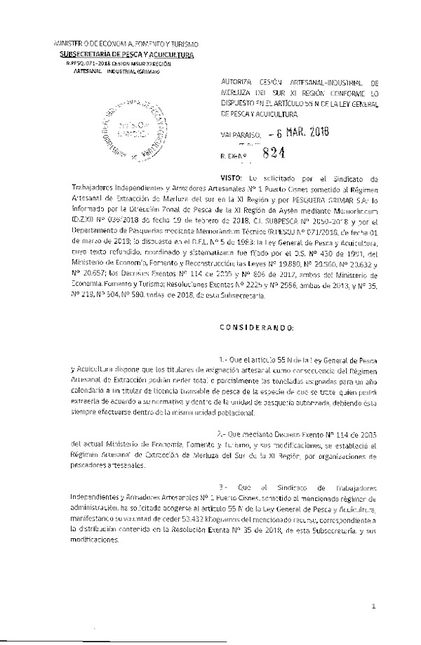 Res. Ex. N° 824-2018 Cesión Merluza del sur XI Región.