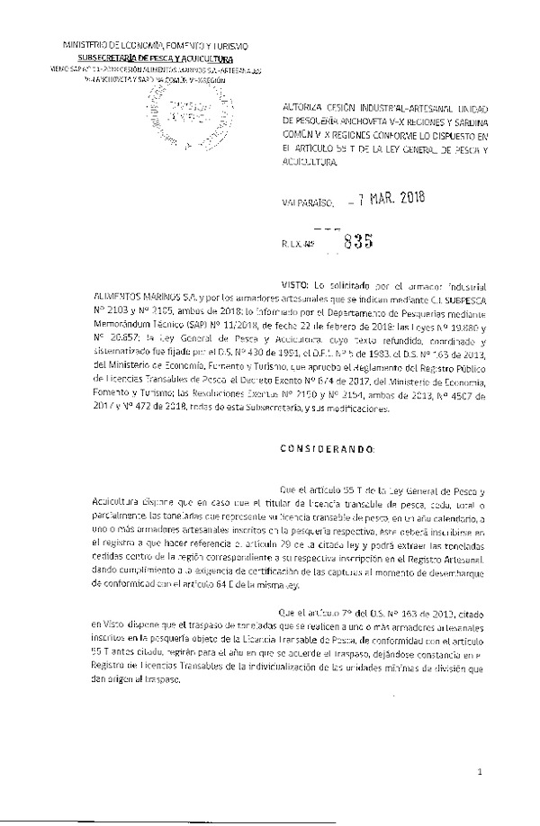 Res. Ex. N° 835-2018 Autoriza cesión Anchoveta y Sardina común V-X Región.