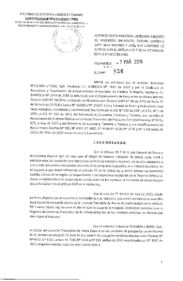 Res. Ex. N° 836-2018 Autoriza cesión Anchoveta y Sardina española III-IV y V-IX Regiones.