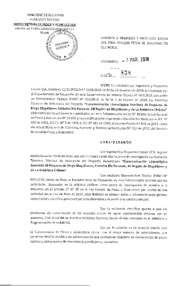 Res. Ex. N° 838-2018 Caracterización limnológica XII Región de Magallanes y de la Antártica Chilena.