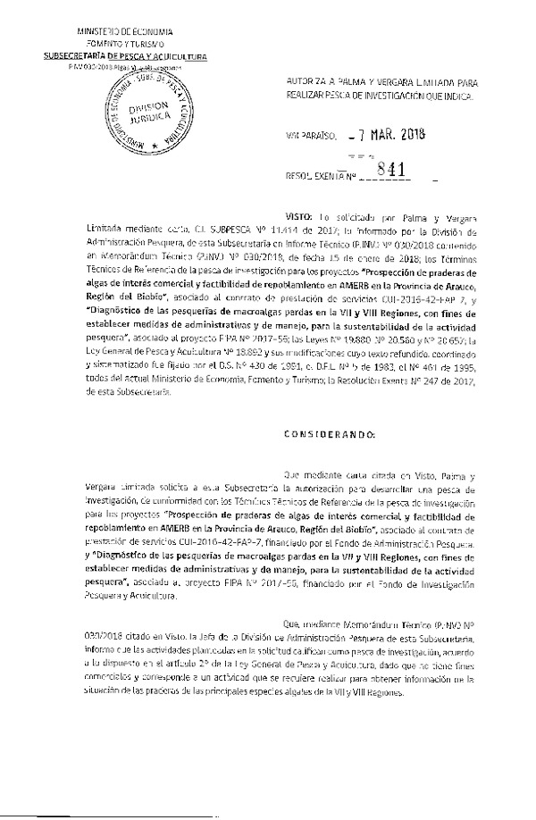 Res. Ex. N° 841-2018 Prospección de praderas de algas VII y VIII Regiones.