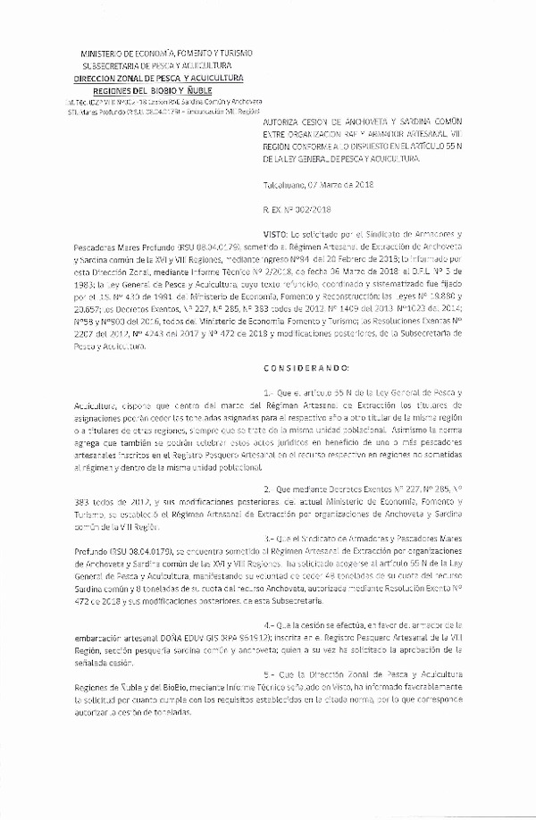 Res. Ex. N° 2-2018 (DZP VIII) Autoriza Cesión Anchoveta y Sardina común, VIII Región.