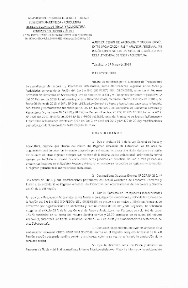 Res. Ex. N° 3-2018 (DZP VIII) Autoriza Cesión Anchoveta y Sardina común, VIII Región.