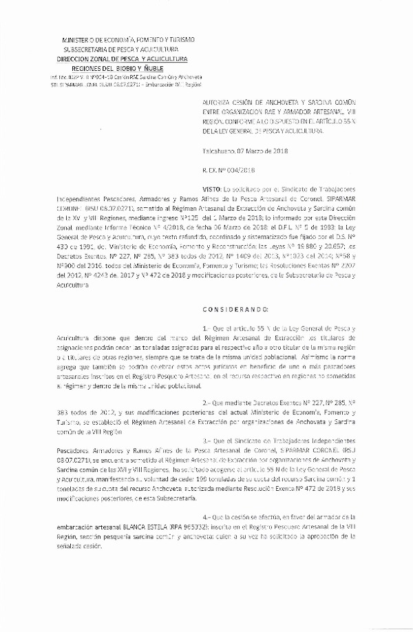 Res. Ex. N° 4-2018 (DZP VIII) Autoriza Cesión Anchoveta y Sardina común, VIII Región.