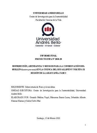 Informe Final : Distribución, abundancia y riesgos para la conservación del huillín (Lontra provocax) en la cuenca del río Allipén y Toltén. IX Región de la Araucanía. Fase I