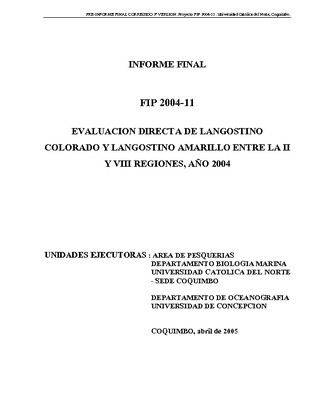 Informe Final : EVALUACIÓN DIRECTA DE LANGOSTINO COLORADO Y LANGOSTINO AMARILLO ENTRE LA II Y VIII REGIONES, AÑO 2004
