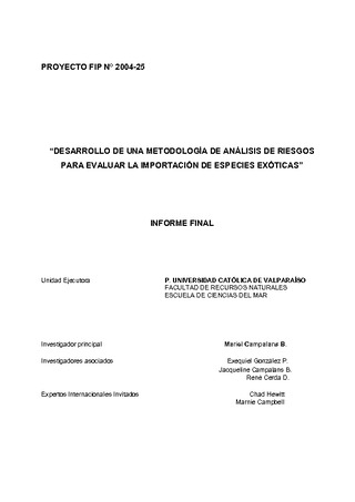 Informe Final : DISEÑO DE UN SISTEMA DE EVALUACIÓN DE RIESGOS DE LA IMPORTACIÓN DE ESPECIES EXÓTICAS.