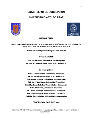 Informe Final : EVALUACIÓN DE PRADAS DE ALGAS CARRAGENOFITAS EN EL LITORAL DE LA VIII REGION Y ESTRATEGIA DE SUSTENTABILIDAD