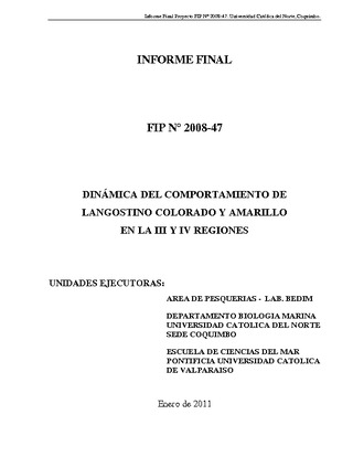 Informe Final : DINAMICA DEL COMPORTAMIENTO DE LANGOSTINO AMARILLO Y LANGOSTINO COLORADO EN EL AREA DE LA IV REGION