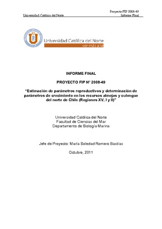 Informe Final : PARÁMETROS REPRODUCTIVOS Y DE CRECIMIENTO DE LOS RECURSOS ALMEJAS Y CULENGUE EN EL NORTE GRANDE DE CHILE (REGIONES XV-I-II)