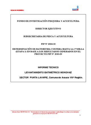 Informe Final : Determinación de  batimetría costera hasta la 1a milla (Etapa I) en base a los resultados generados en el proyecto FIP N° 2010-19