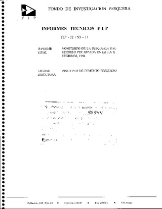 Informe Final : MONITOREO DE LA PESQUERIA DEL RECURSO PEZ ESPADA EN LA I A X REGIONES, 1994