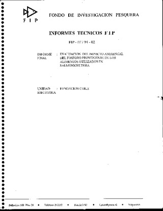 Informe Final : EVALUACION DE IMPACTO AMBIENTAL DEL FOSFORO PROVENIENTE DE LOS ALIMENTOS UTILIZADOS EN SALMONICULTURA