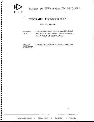 Informe Final : PRE-FACTIBILIDAD DE CULTIVO DE ALGAS NATIVAS, A TRAVES DE TRANSFERENCIA O ADAPTACION DE TECNOLOGIAS