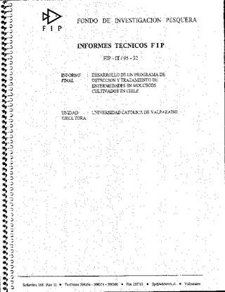 Informe Final : DESARROLLO DE UN PROGRAMA DE DETECCION Y TRATAMIENTO DE ENFERMEDADES EN MOLUSCOS CULTIVADOS EN CHILE