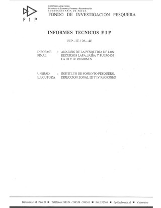 Informe Final : ANALISIS DE LA PESQUERIA DE LOS RECURSOS LAPA, JAIBA Y PULPO DE LA III Y IV REGIONES