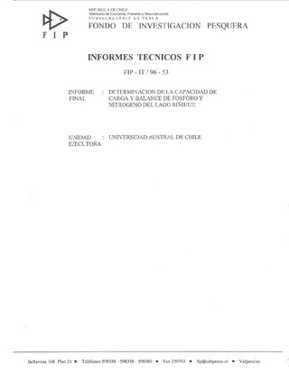 Informe Final : DETERMINACION DE LA CAPACIDAD DE CARGA Y BALANCE DE FOSFORO Y NITROGENO DEL LAGO RIÑIHUE