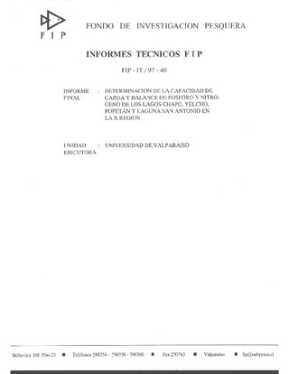 Informe Final : DETERMINACION DE LA CAPACIDAD DE CARGA Y BALANCE DE FOSFORO Y NITROGENO DE LOS LAGOS CHAPO, YELCHO, POPETAN Y LAGUNA SAN ANTONIO EN LA X REGION