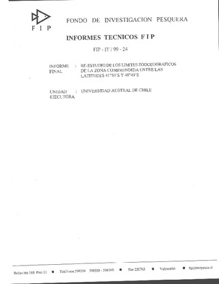 Informe Final : RE-ESTUDIO DE LOS LIMITES ZOOGEOGRAFICOS DE LA ZONA COMPRENDIDA ENTRE LAS LATITUDES 41° 50' S Y 48° 49' S