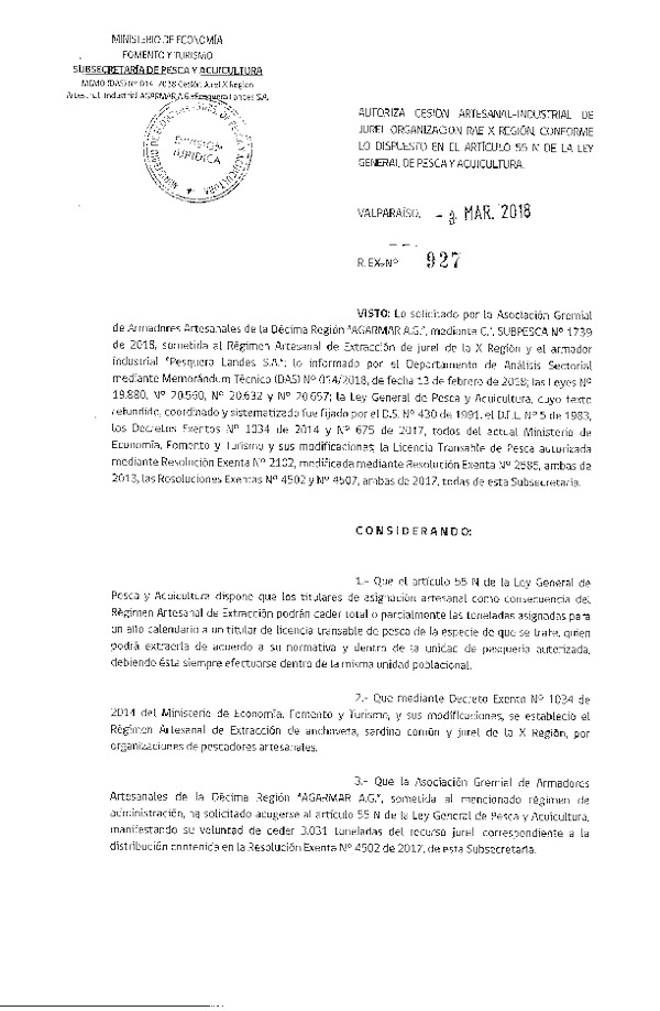 Res. Ex. N° 927-2018 Cesión Jurel X Región.