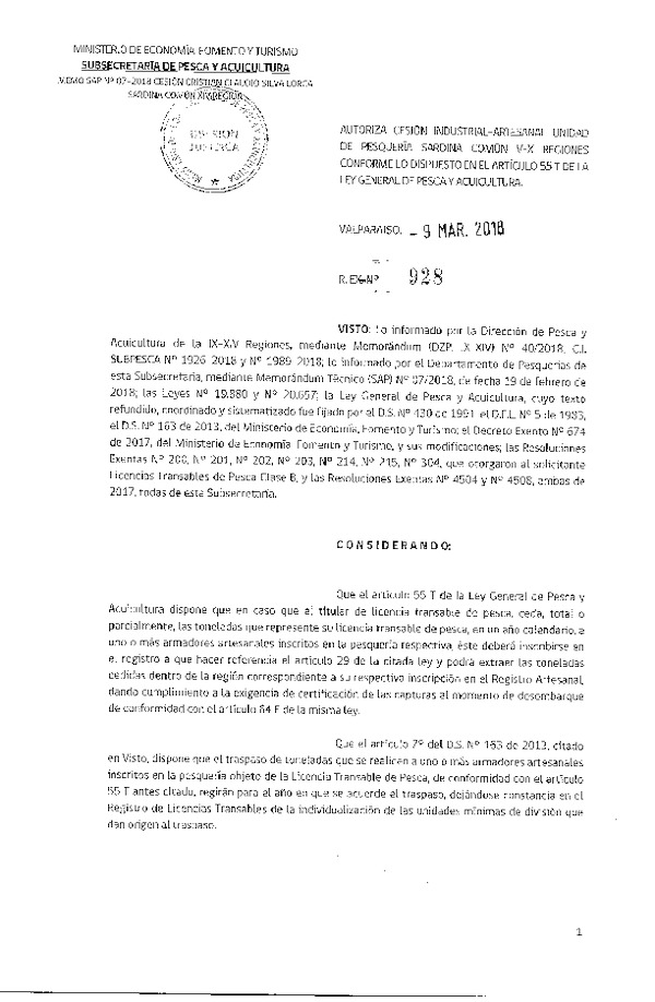 Res. Ex. N° 928-2018 Autoriza cesión Sardina común XIV Región.