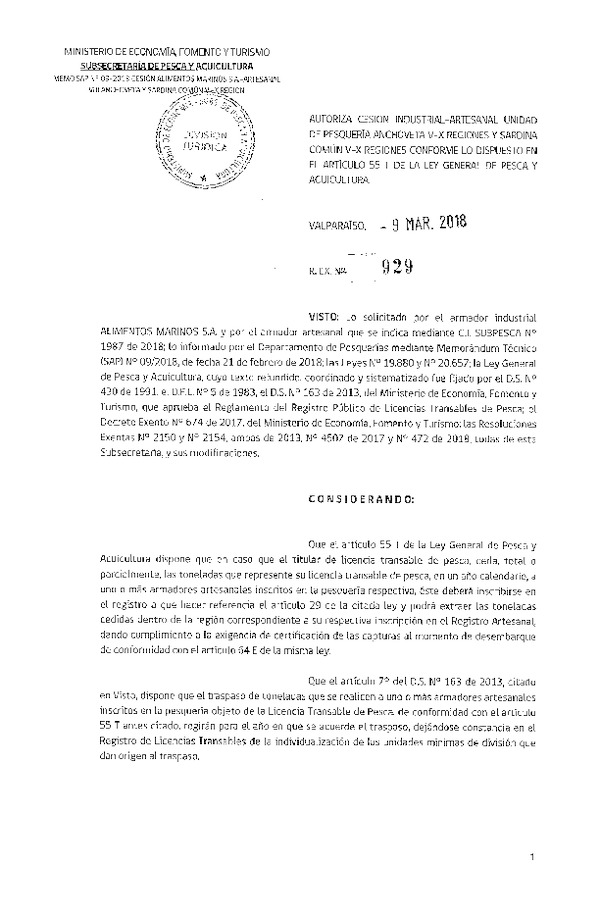 Res. Ex. N° 929-2018 Autoriza cesión de Anchoveta y Sardina común, VIII Región.