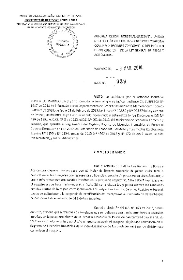 Res. Ex. N° 929-2018 Autoriza cesión de Anchoveta y Sardina común, VIII Región.
