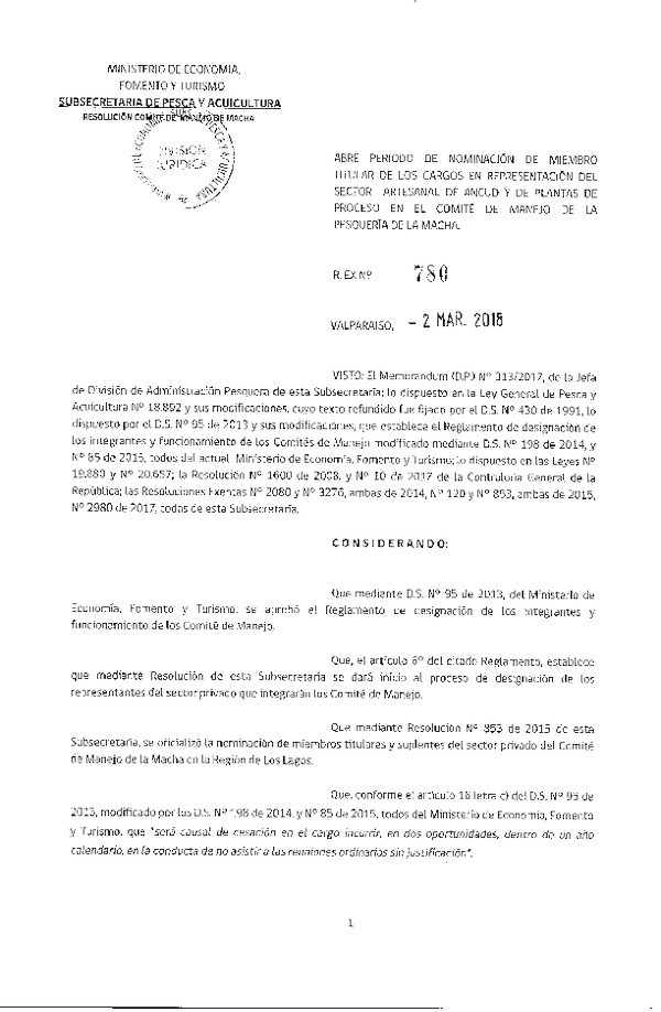 Res. Ex. N° 780-2018 Abre período de nominación en el Comité de Manejo de la Pesquería de la Macha, Región de Los Lagos. (F.D.O. 13-03-2018)