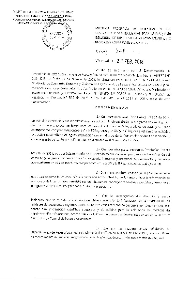 Res. Ex. N° 746-2018 Modifica Res. Ex. N°524-2015 Autoriza Programa de Investigación del Descarte para Pesquerías Industriales de Jurel y su Fauna Acompañante, V-X Regiones y aguas Internacionales. (Publicado en Página Web 13-03-2018) (F.D.O. 20-03-2018)