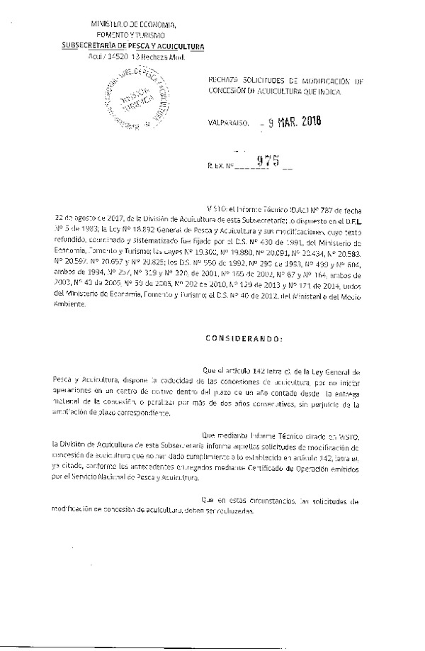 Res. Ex. N° 975-2018 Rechaza solicitudes de modificación de concesiones de acuicultura que indica.