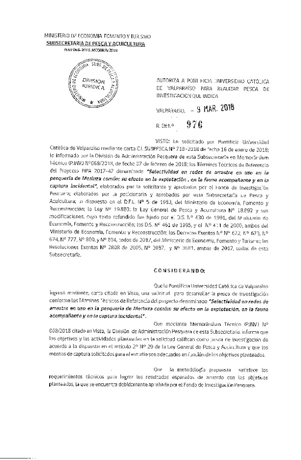 Res. Ex. N° 976-2018 Selectividad en redes de arrastre en uso en la pesquería de Merluza común, IV-IX Regiones.