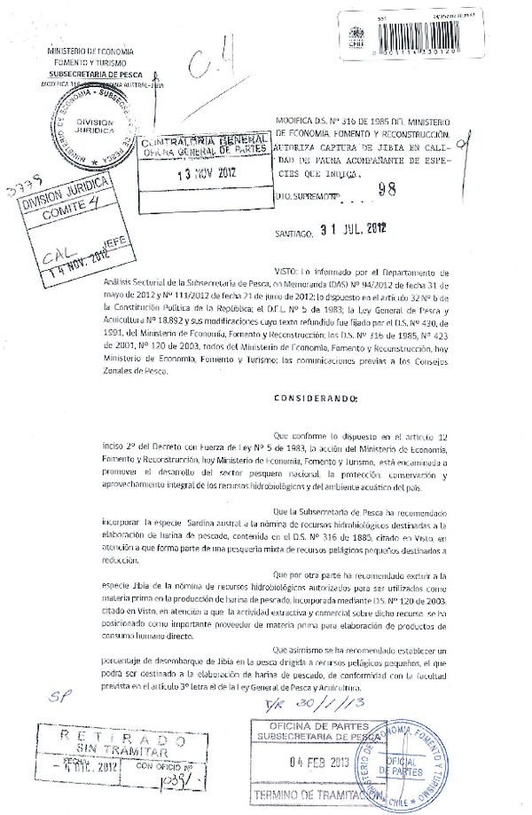 D.S. Nº 98-2012, Modifica D.S. Nº 316 de 1985, Autoriza Captura de Jibia en Calidad de Fauna Acompañante de Especies que Indica.