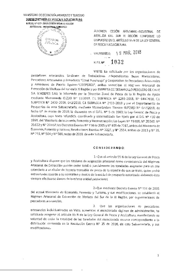 Res. Ex. N° 1032-2018 Cesión Merluza del sur XI Región.