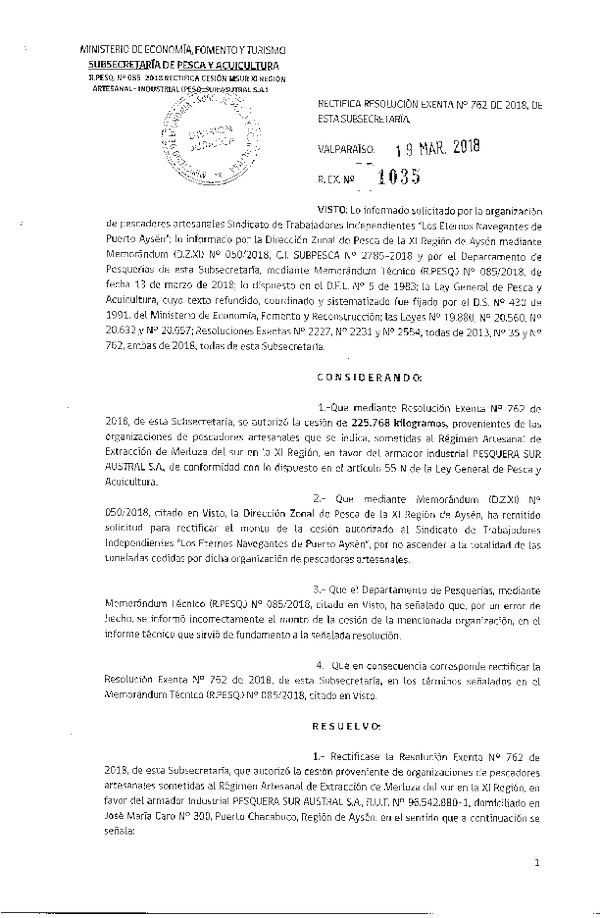 Res. Ex. N° 1035-2018 Rectifica Res. Ex. N° 762-2018 Cesión Merluza del sur XI Región.