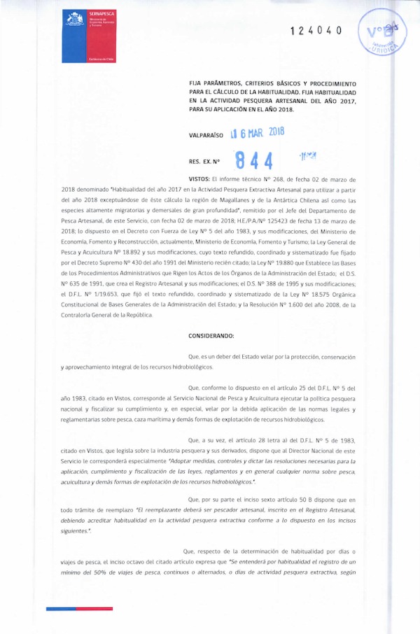 Res. Ex. N° 844-2018 (Sernapesca) Fija Parámetros, Criterios Básicos y Procedimientos para el Cálculo de la Habitualidad. Fija Habitualidad en la Actividad Pesquera Artesanal Año 2017, Para su Aplicación en el Año 2018. (Publicado en Página Web 21-03-2018)