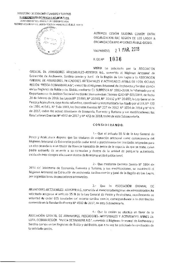 Res. Ex. N° 1036-2018 Autoriza cesión Sardina Común, Región de Los Lagos a Ñuble-Biobío.