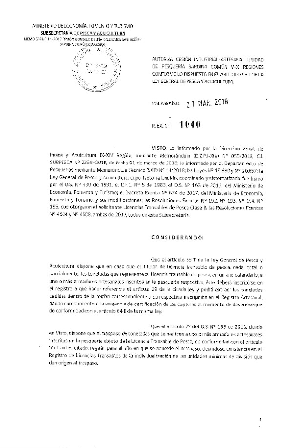 Res. Ex. N° 1040-2018 Autoriza cesión Sardina común XIV Región.