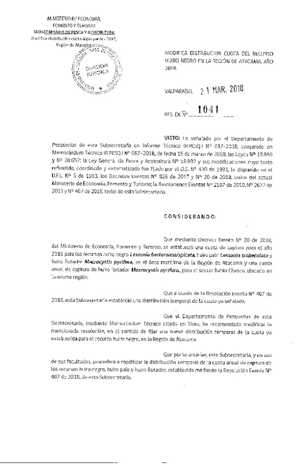 Res. Ex. N° 1041-2018 Modifica Res. Ex. N° 407-2018 Establece Distribución de Cuota de los Recursos Huiro negro, Huiro palo y Huiro flotador, III Región, 2018. (Publicado en Página Web 21-03-2018) (F.D.O. 28-03-2018)