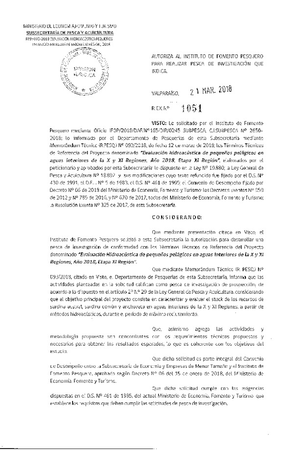 Res. Ex. N° 1051-2018 Monitoreo proceso reclutamiento sardina austral, sardina común y anchoveta, XI Región.