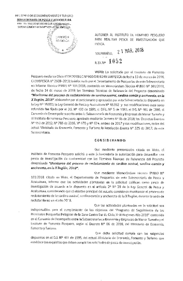 Res. Ex. N° 1052-2018 Monitoreo proceso reclutamiento sardina austral, sardina común y anchoveta, X Región.