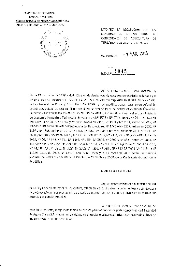 Res. Ex. N° 1045-2018 Modifica Res. Ex. N° 392-2018 Fija Densidad de Cultivo para las Concesiones de Acuicultura que Indica. (Con Informe Técnico) (Publicado en Página Web 22-03-2018)