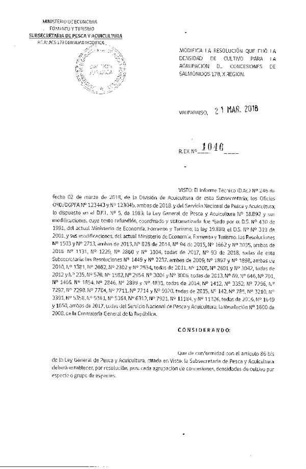 Res. Ex. N° 1546-2018 Modifica Res. Ex. N° 1229-2017 Fija Densidad de Cultivo para la Agrupación de Concesiones de Salmónidos 17 B, X Región. Aprueba Programa de Manejo que Indica. (Con Informe Técnico) (Publicado en Página Web 22-03-2018)